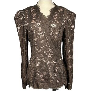 Vintage Digna Yero Victorian Lace Blouse Jacket Chocolate Brown Silk Lined Sz 10